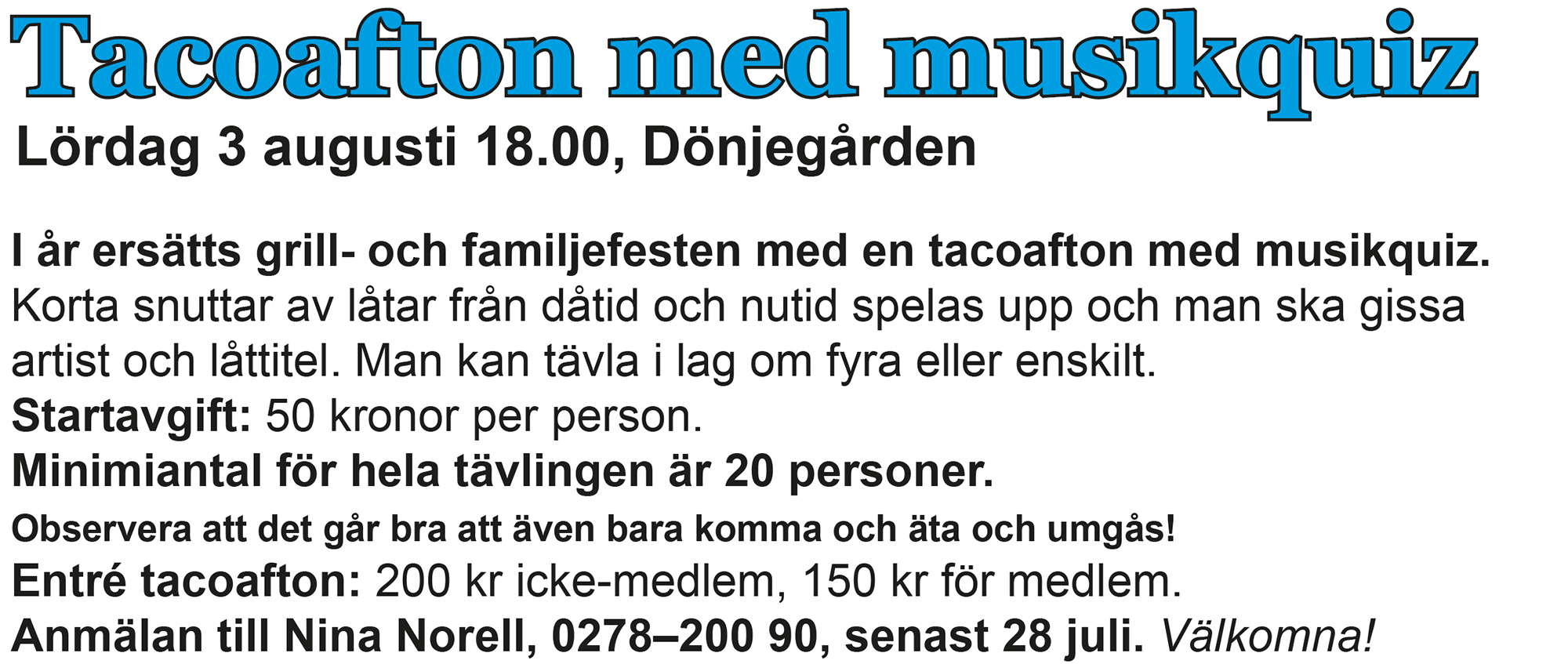 Röste.nu – Bygdens Nytt nr 2 2024 – Det händer i Röste – Annons för tacoafton med musikquiz