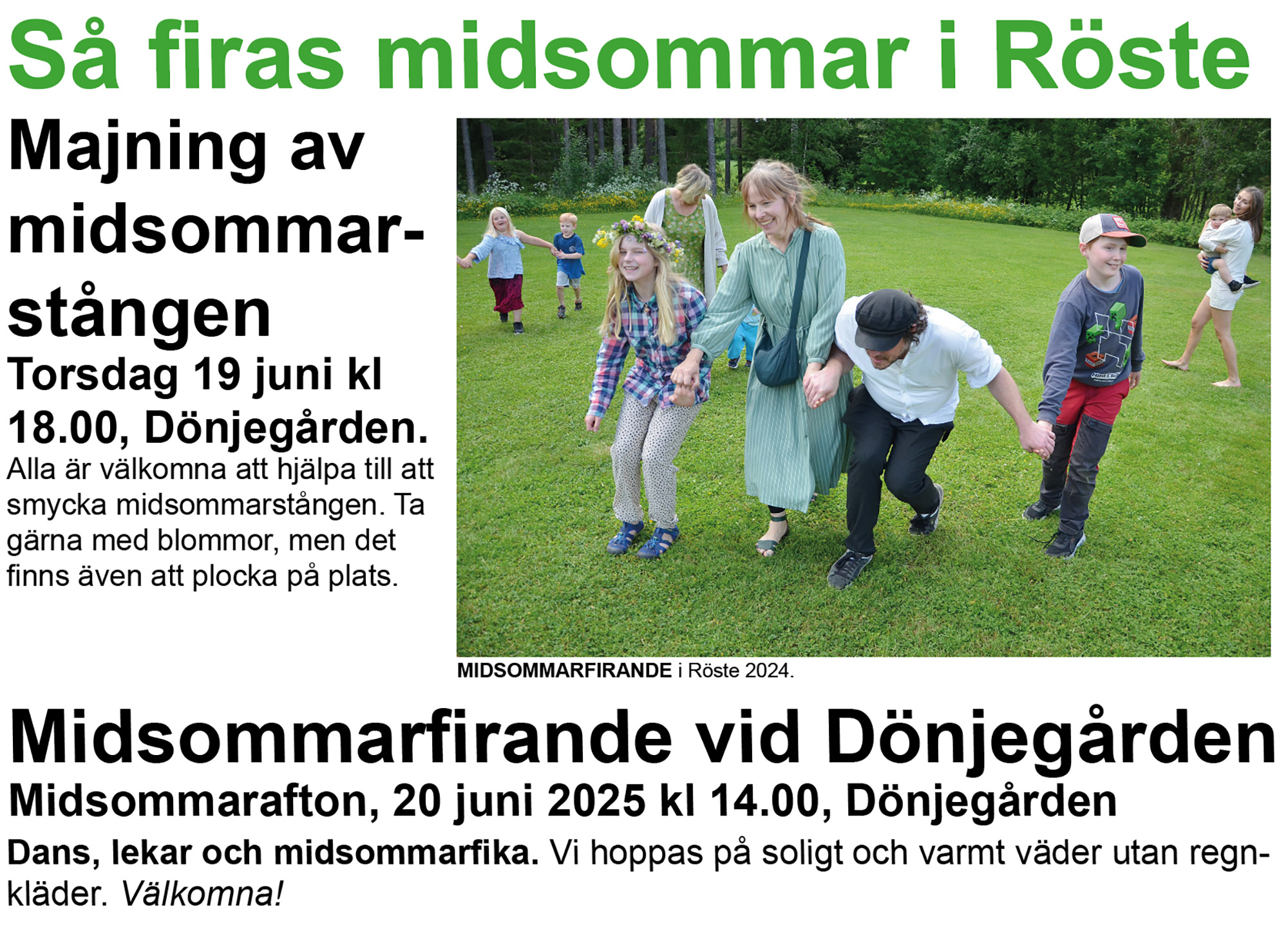 Röste.nu – Bygdens Nytt nr 2 2025 – Det händer i Röste – Annons inför midsommarfirandet vid Dönjegården