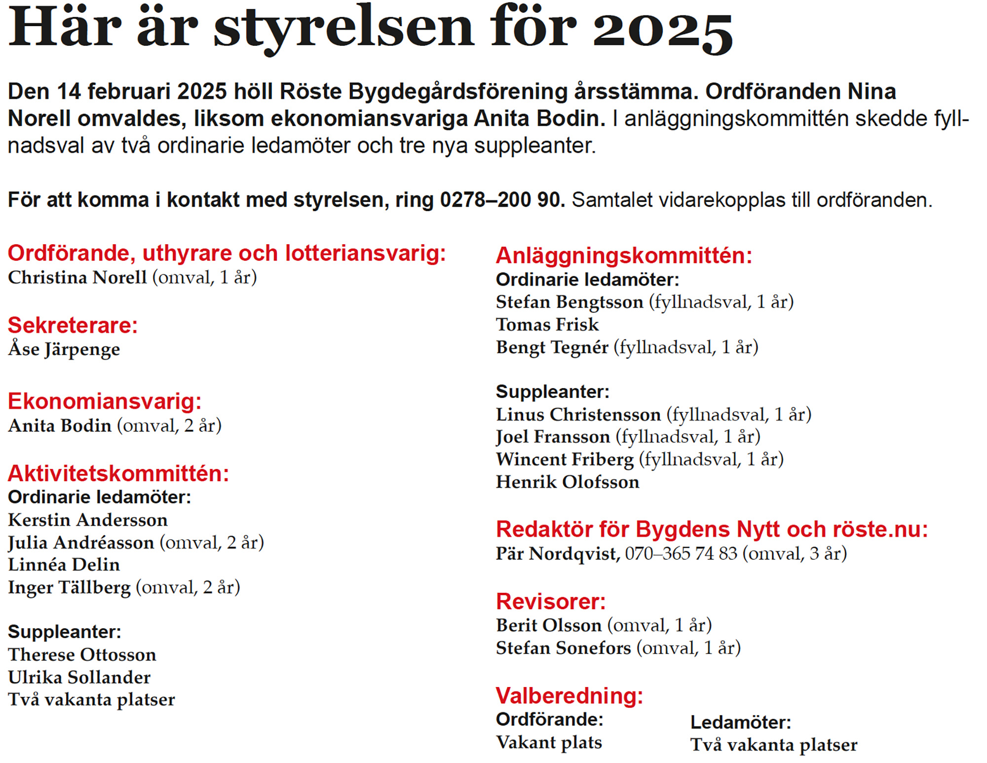 Röste.nu – Bygdens Nytt nr 2 2025 – Nyheter – Här är styrelsen för 2025