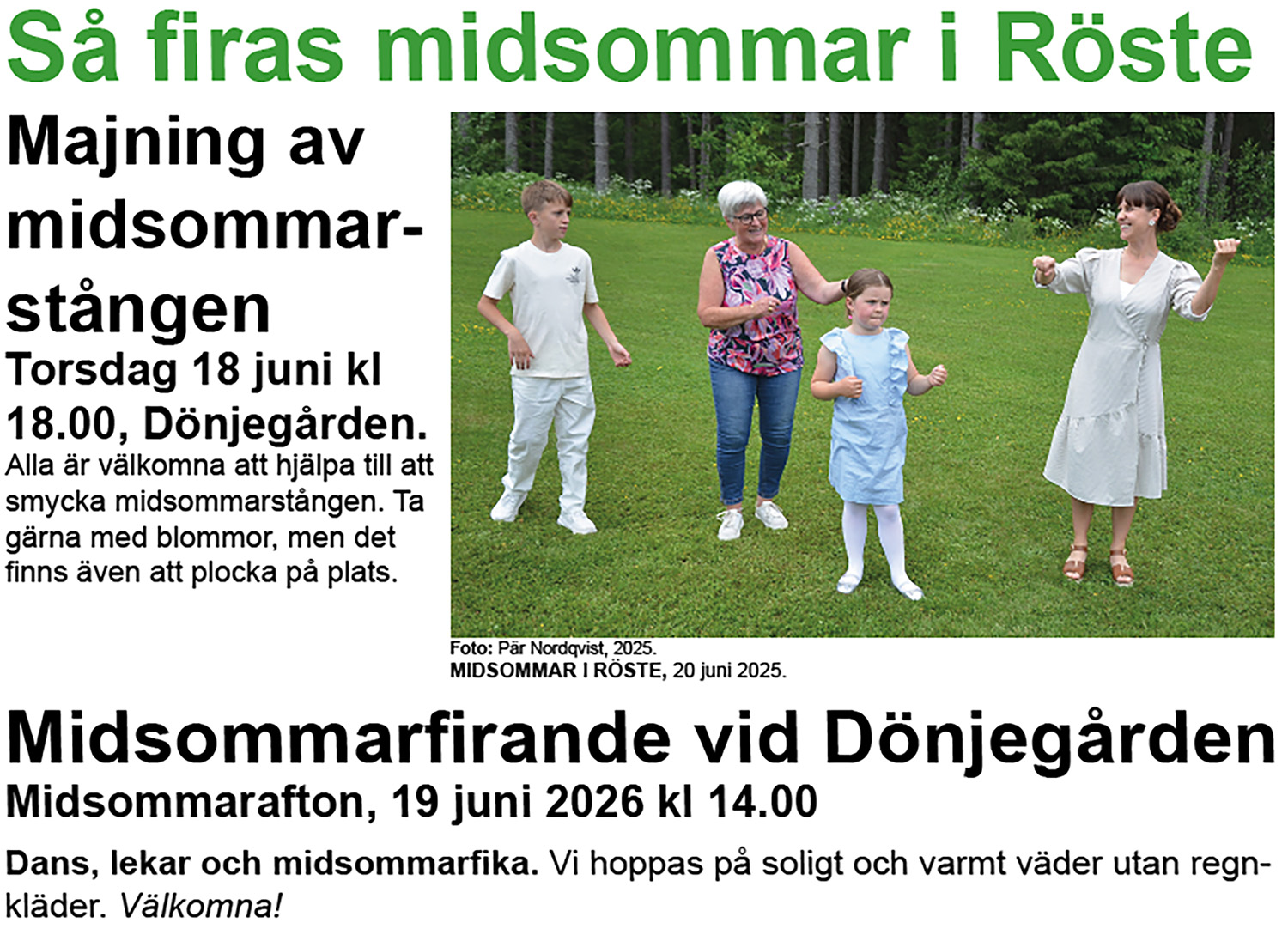Röste.nu – Bygdens Nytt nr 2 2026 – Det händer i Röste – Annons inför midsommarfirandet vid Dönjegården