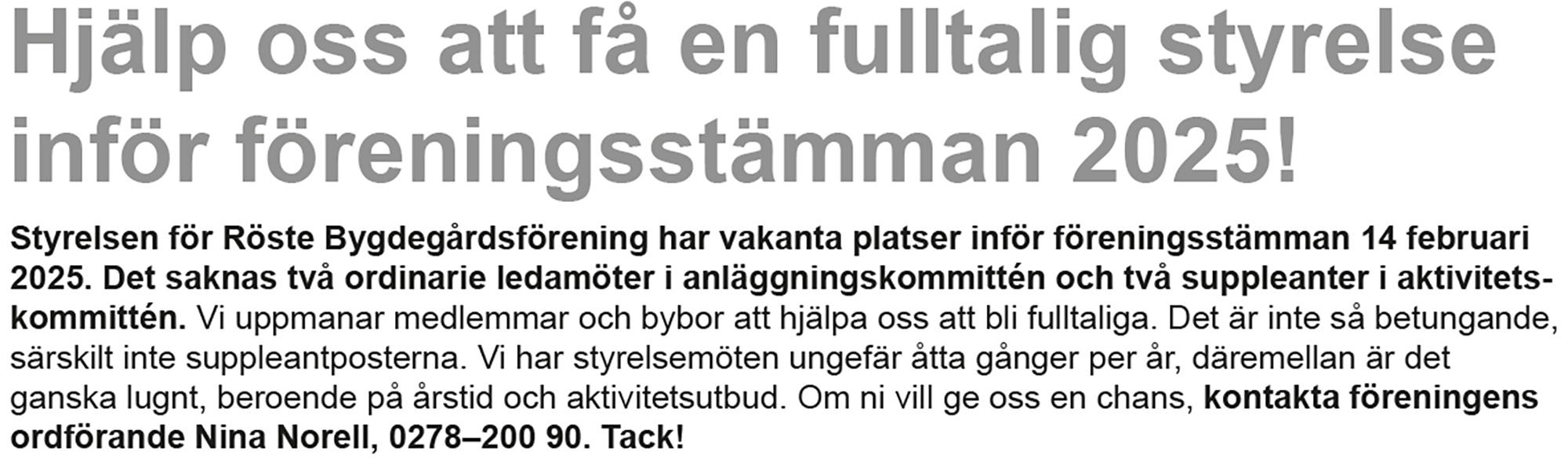 Röste.nu – Bygdens Nytt nr 4 2024 – Det händer i Röste – Annons inför föreningsstämma i Dönjegården 2025